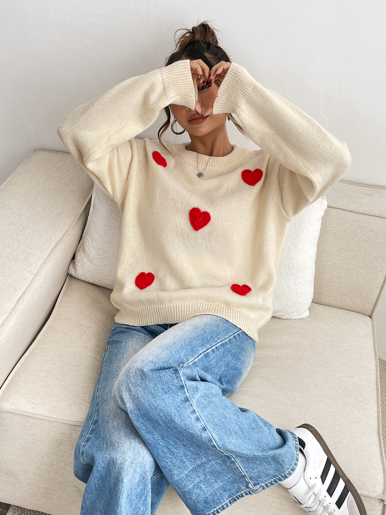 Cream Knit ‘Love Note’ Sweater with Red Hearts