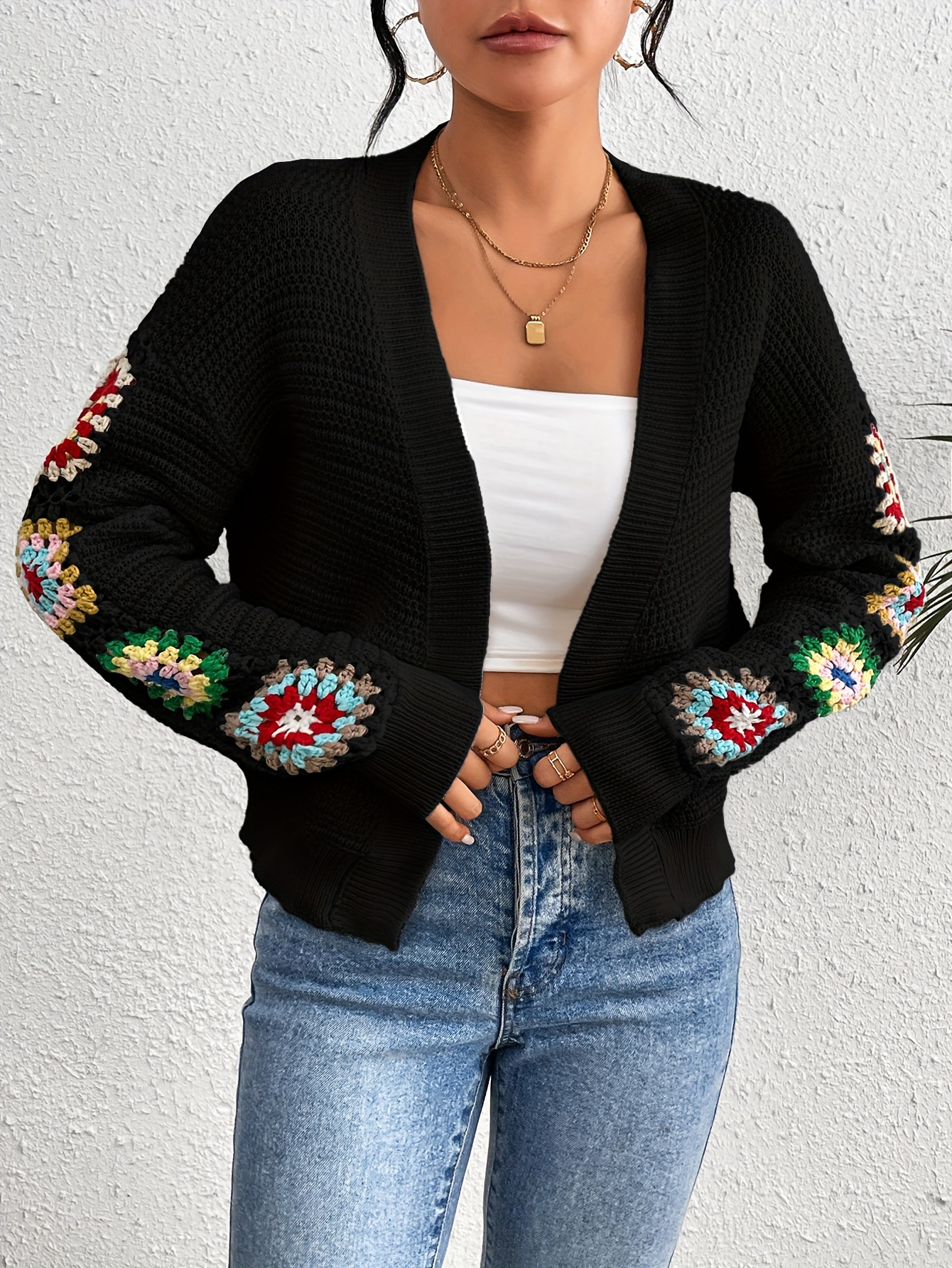 Black Crochet Patchwork Sleeve Cardigan – Retro Boho Knitwear