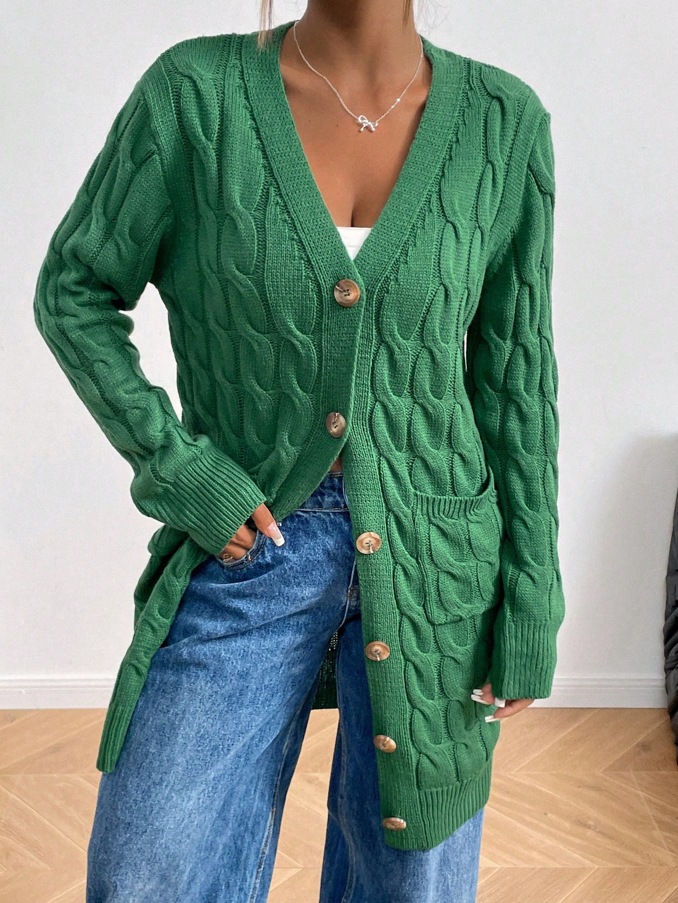 Cable Knit Longline Green Cardigan with Wooden Buttons
