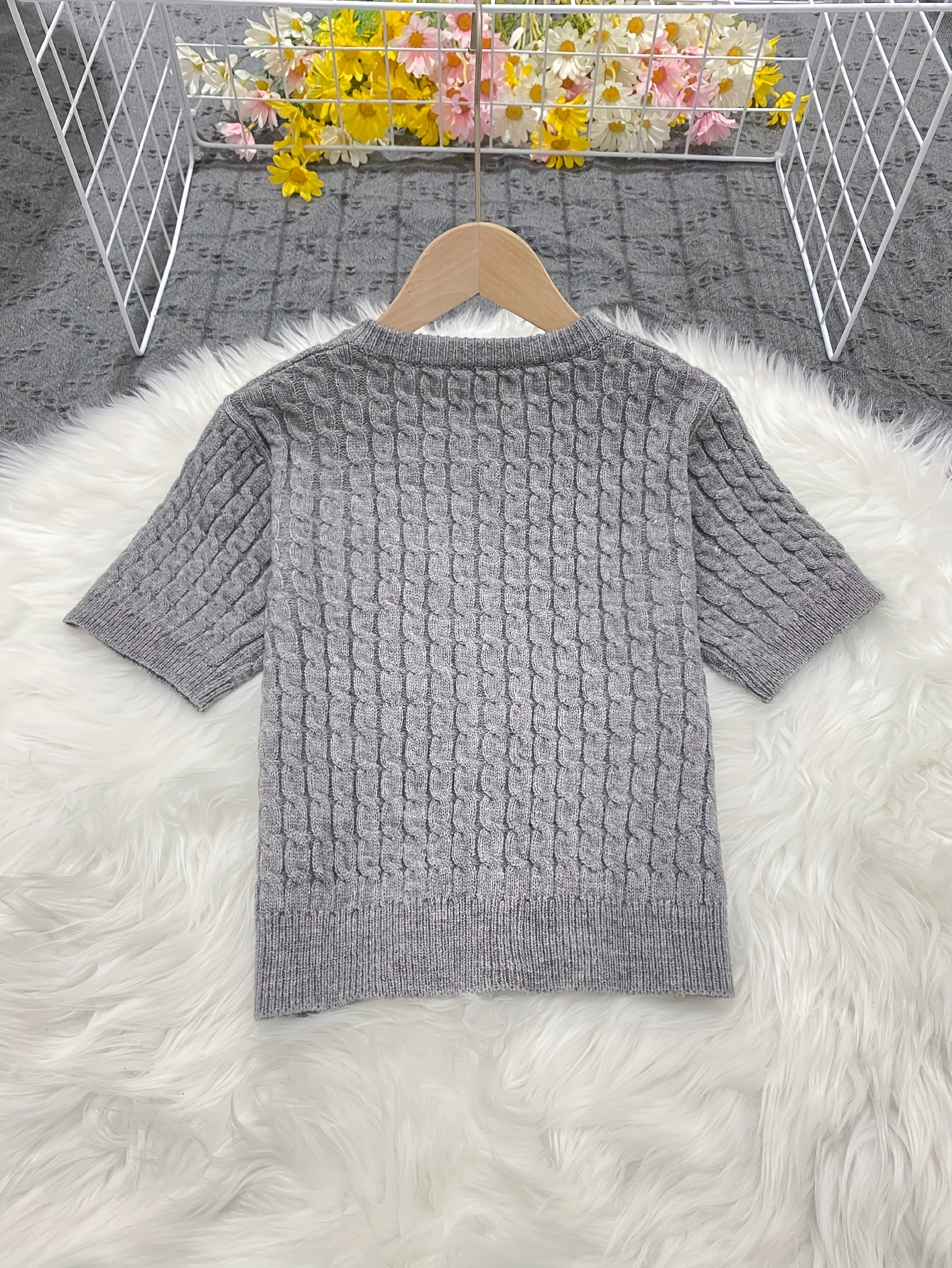 Short-Sleeve Cable Knit Grey Cardigan – Gold Button Cropped Sweater