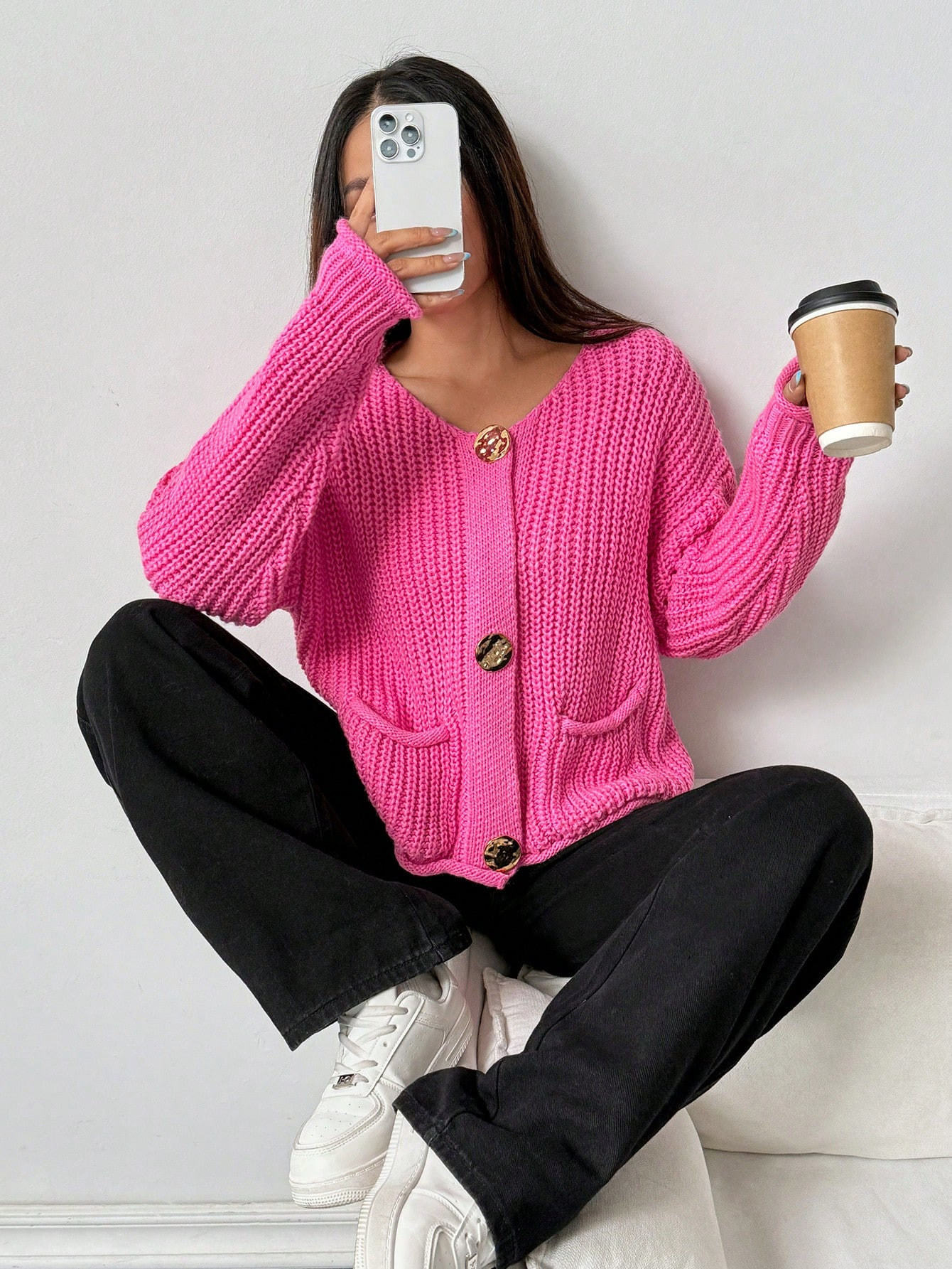 Chunky Knit Hot Pink Cardigan with Statement Gold Buttons