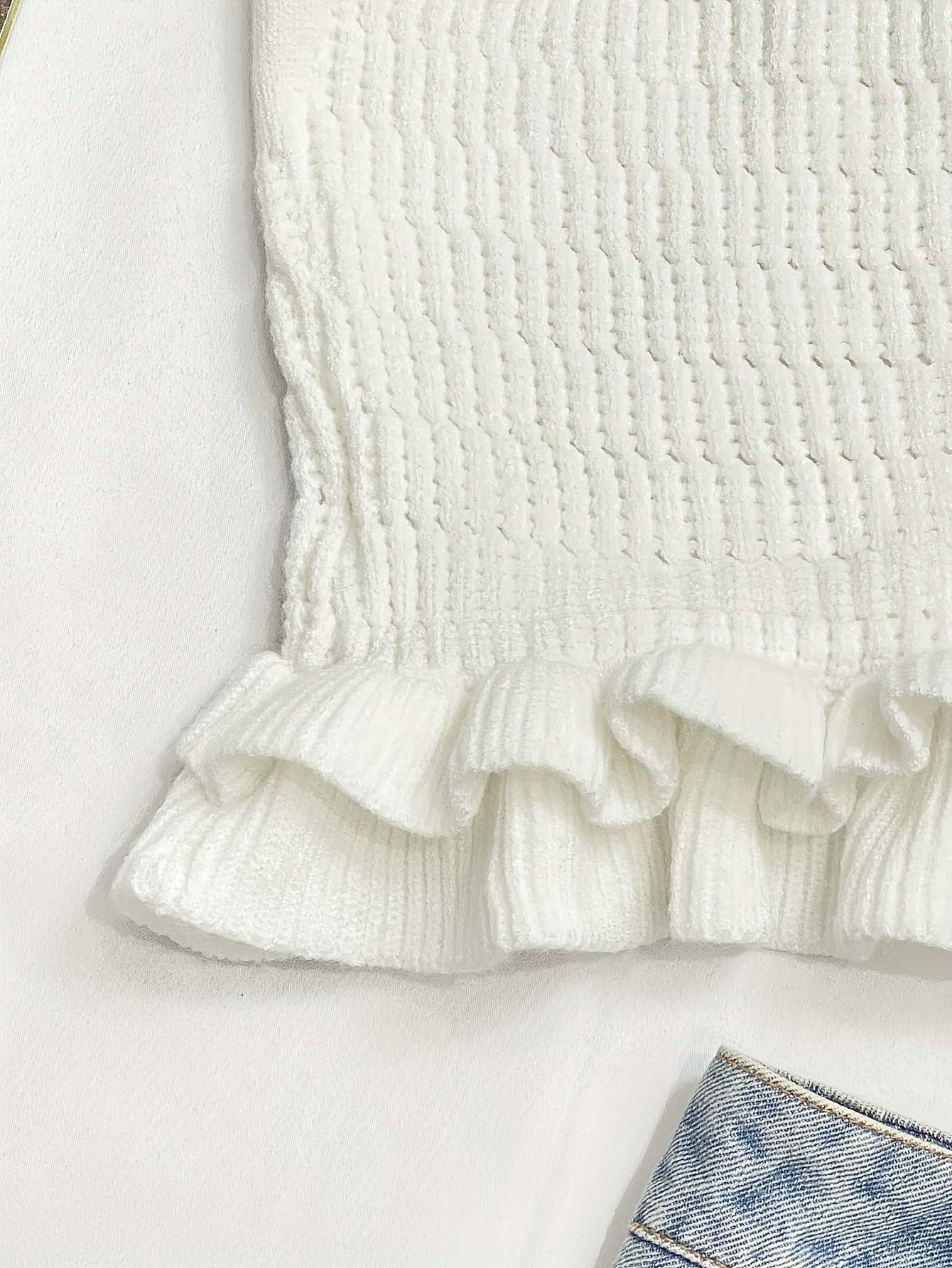 White Knit Halter Crop Top with Ruffle Hem – Romantic Summer Tie-Back Top