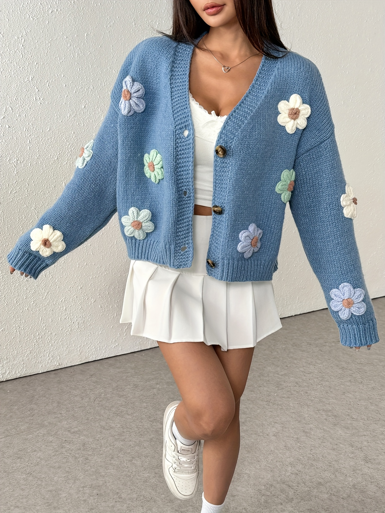 Pastel Floral Embroidered Blue Knit Cardigan – Oversized Kawaii Sweater