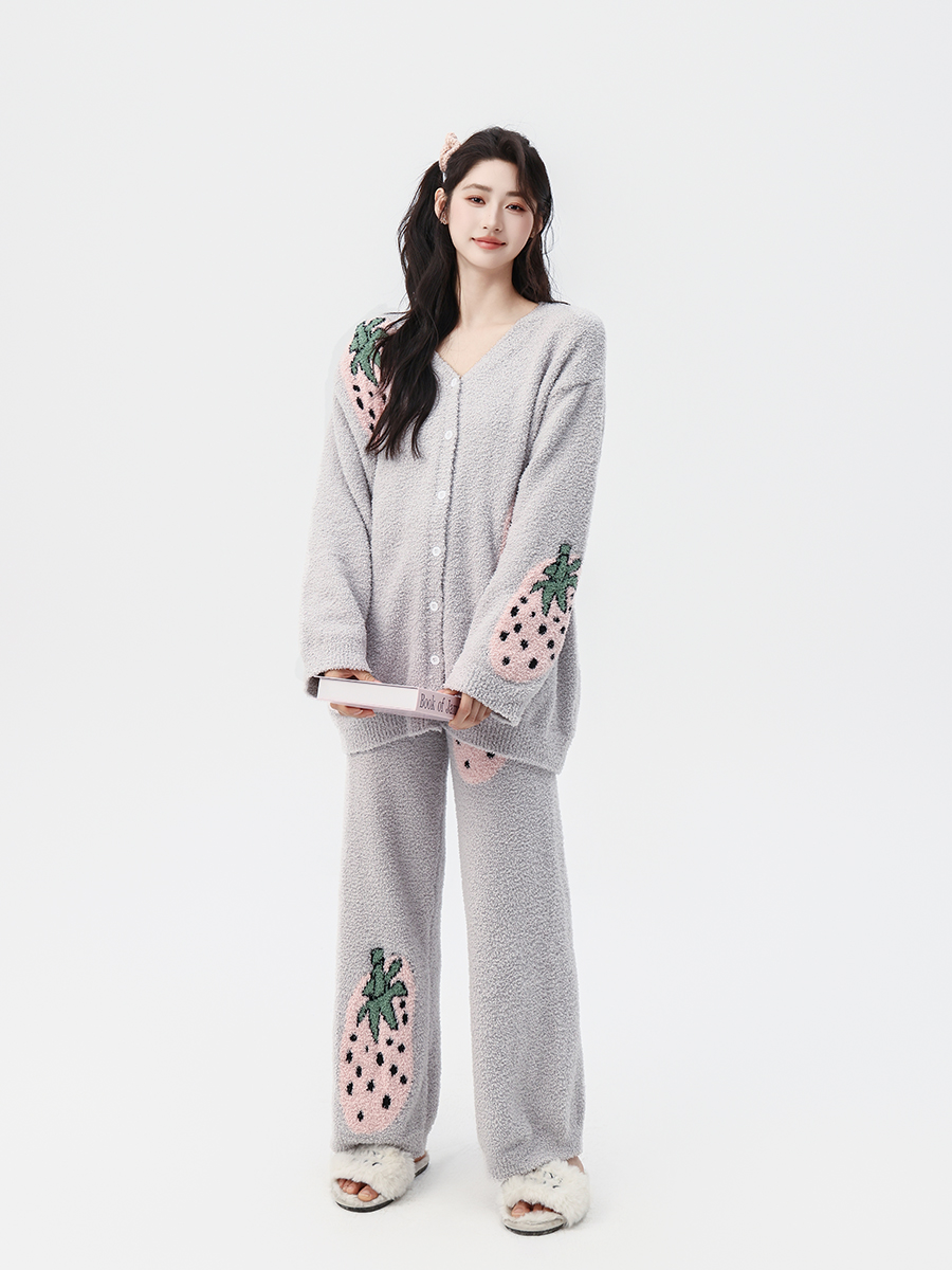 Cute Strawberry Fuzzy Knit Pajama Set – Cozy Cardigan & Pants Loungewear