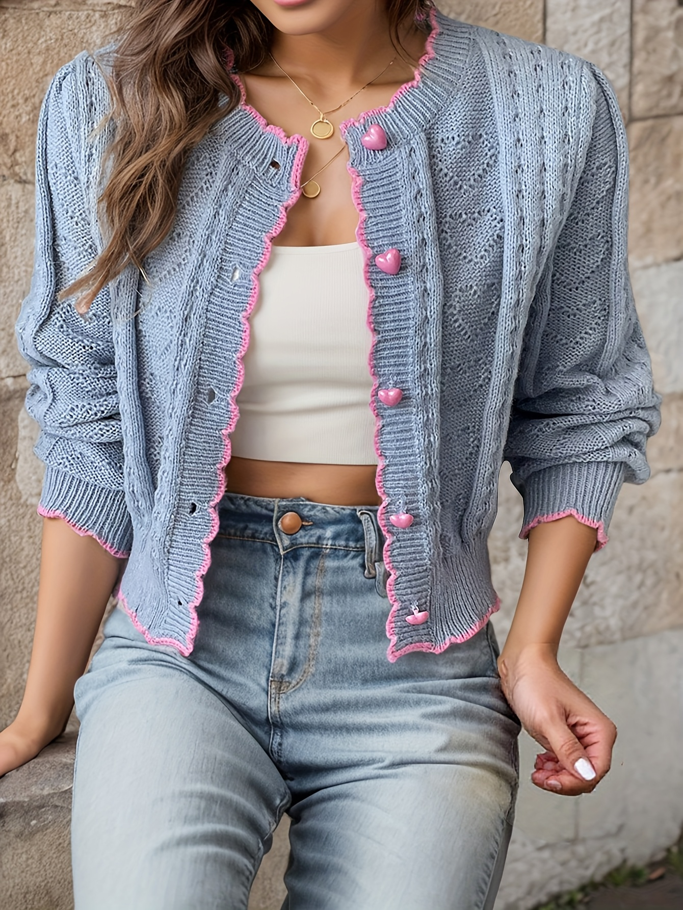 Heart Button Ruffle Knit Cardigan