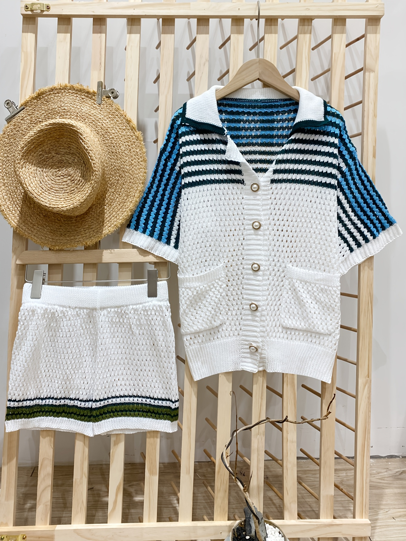 Vintage-Inspired Knit Beach Set – Button-Up Top & Shorts with Green Stripe Detail