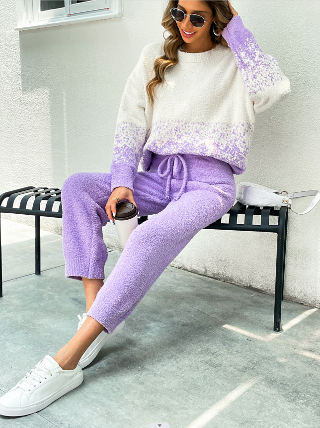Lavender Fuzzy Knit Loungewear Set – Cozy Gradient Pullover