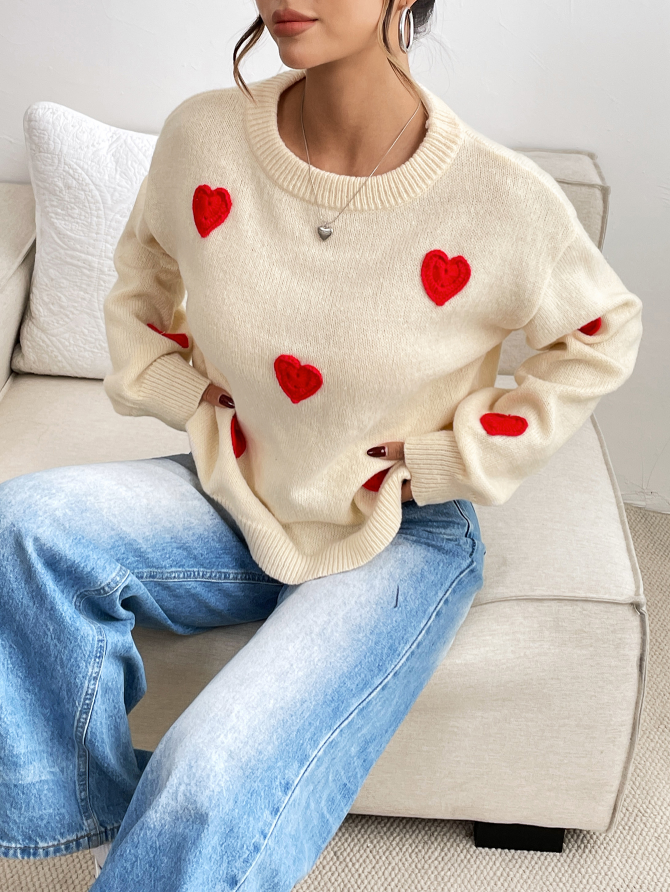 Cream Knit ‘Love Note’ Sweater with Red Hearts