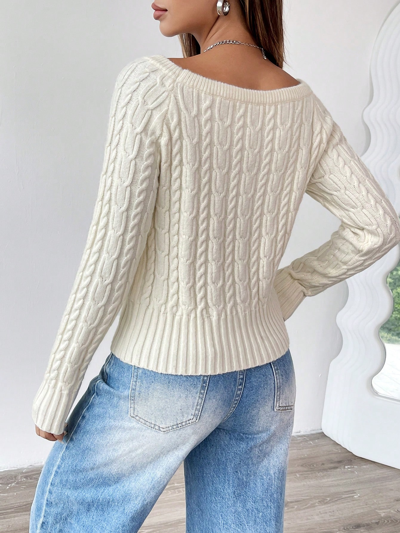 Ivory Cable-Knit Bardot Sweater