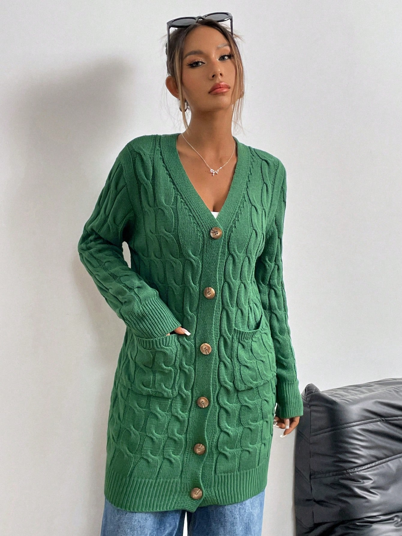 Cable Knit Longline Green Cardigan with Wooden Buttons