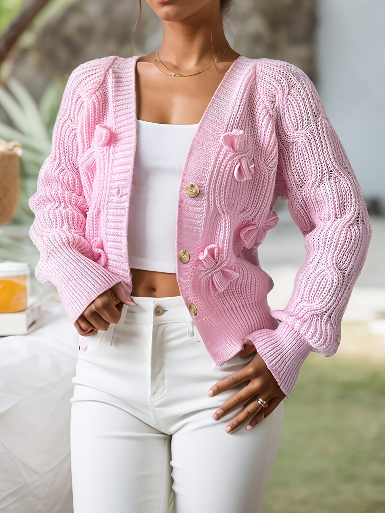 Pink Knit Cardigan with 3D Bow Details – Soft Girly Button-Up Sweater