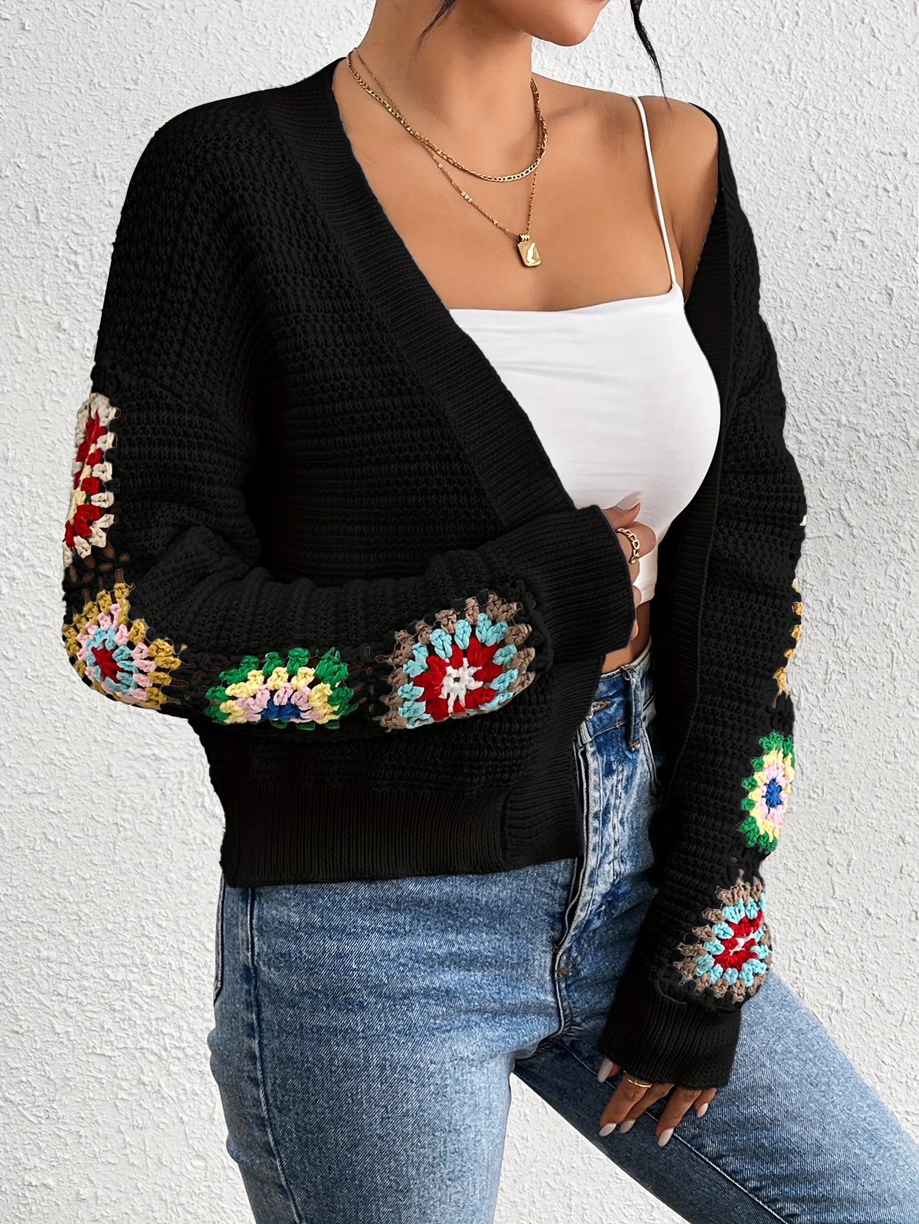 Black Crochet Patchwork Sleeve Cardigan – Retro Boho Knitwear