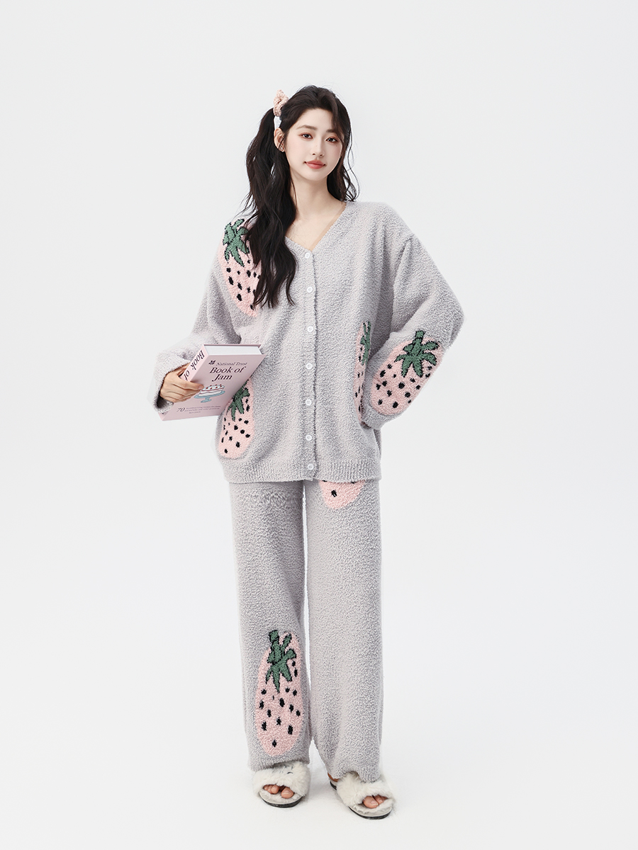 Cute Strawberry Fuzzy Knit Pajama Set – Cozy Cardigan & Pants Loungewear