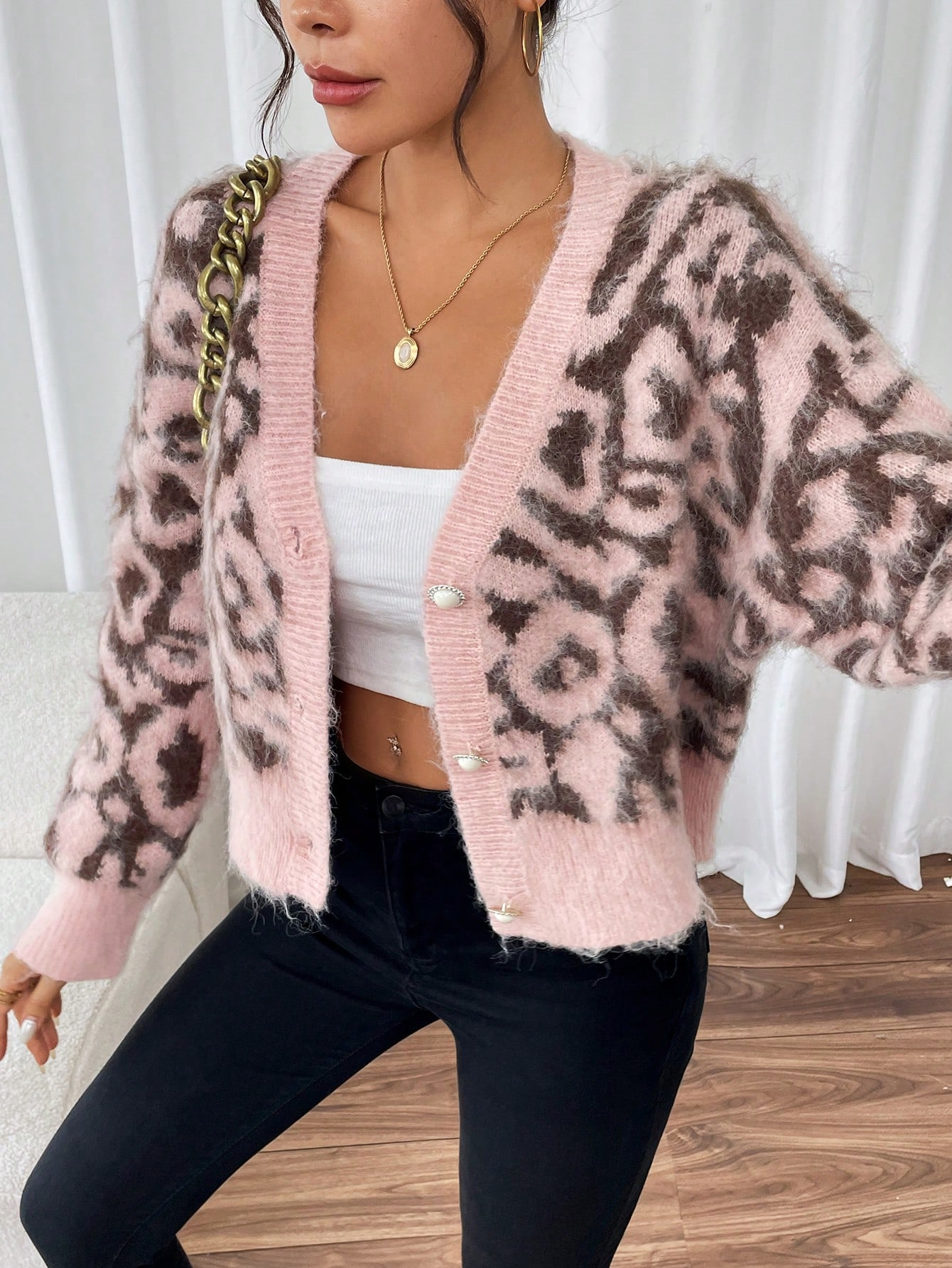 Fuzzy Pink Leopard Print Cardigan with Pearl Buttons