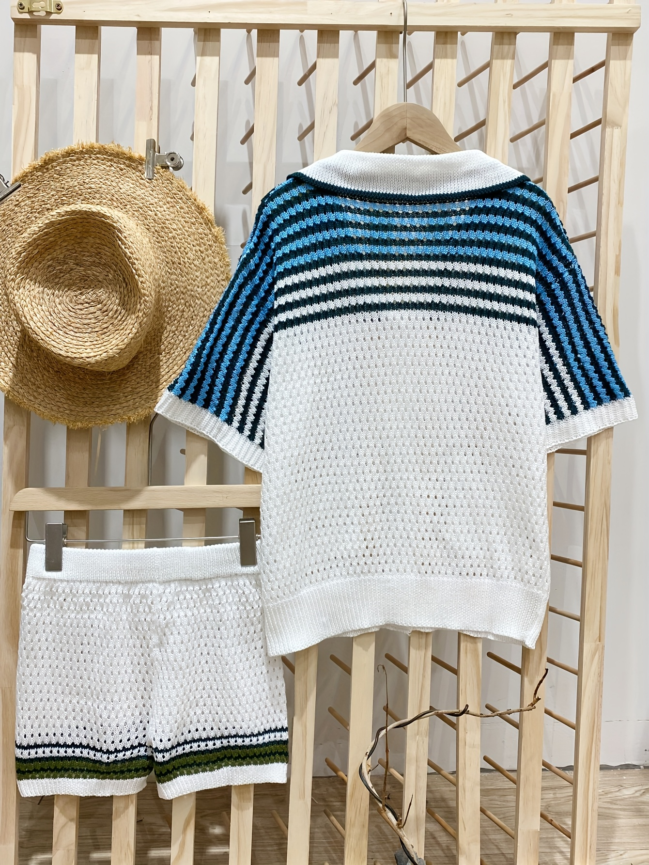 Vintage-Inspired Knit Beach Set – Button-Up Top & Shorts with Green Stripe Detail