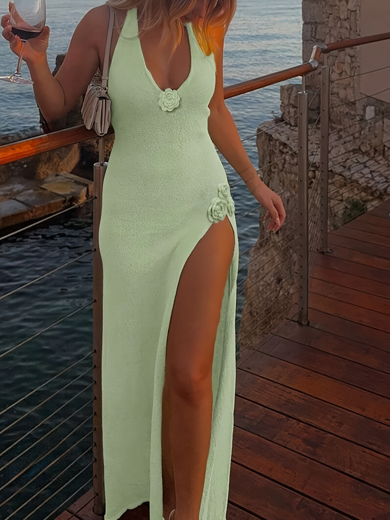 Mint Bloom Halter Maxi Dress – Soft Knit With Rosette Accent