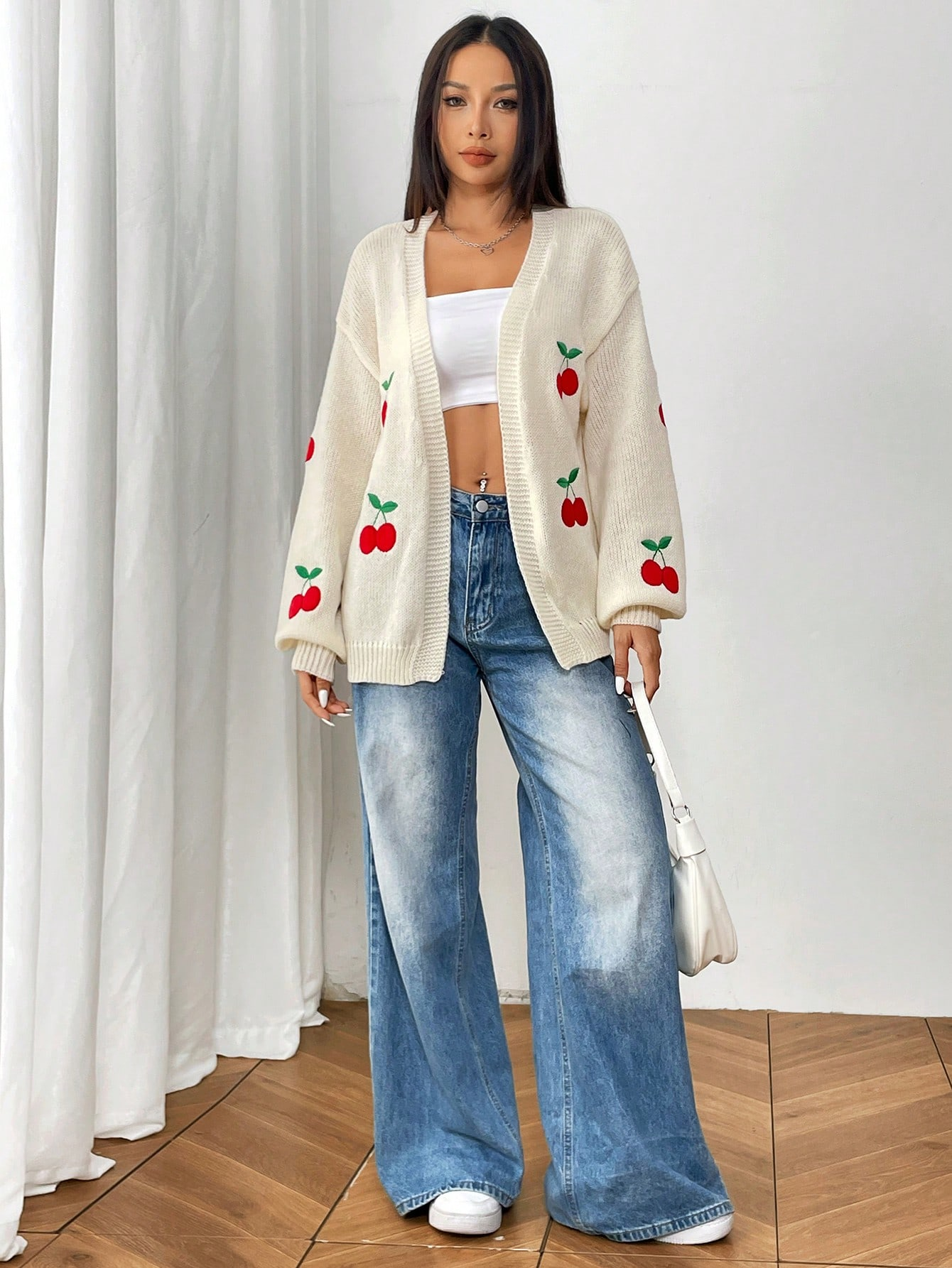 Cream Knit Cherry Embroidered Cardigan – Oversized Fruit Print Sweater