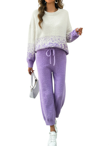 Lavender Fuzzy Knit Loungewear Set – Cozy Gradient Pullover