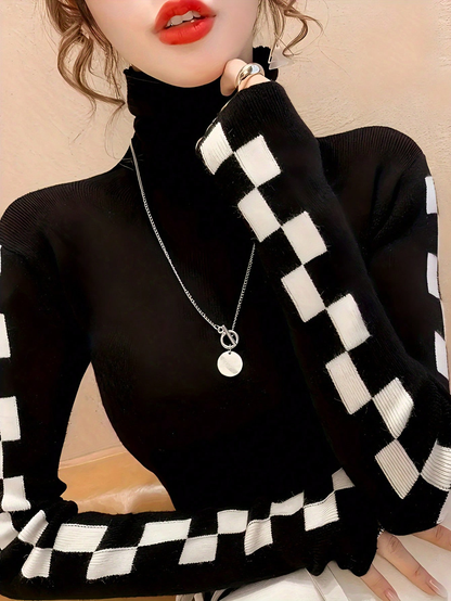 Checkmate Knit – Sleek Black Turtleneck with Side Game