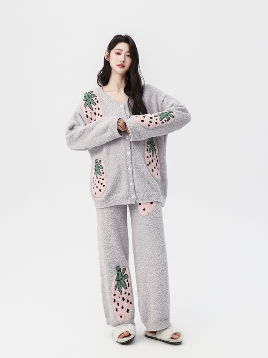 Cute Strawberry Fuzzy Knit Pajama Set – Cozy Cardigan & Pants Loungewear