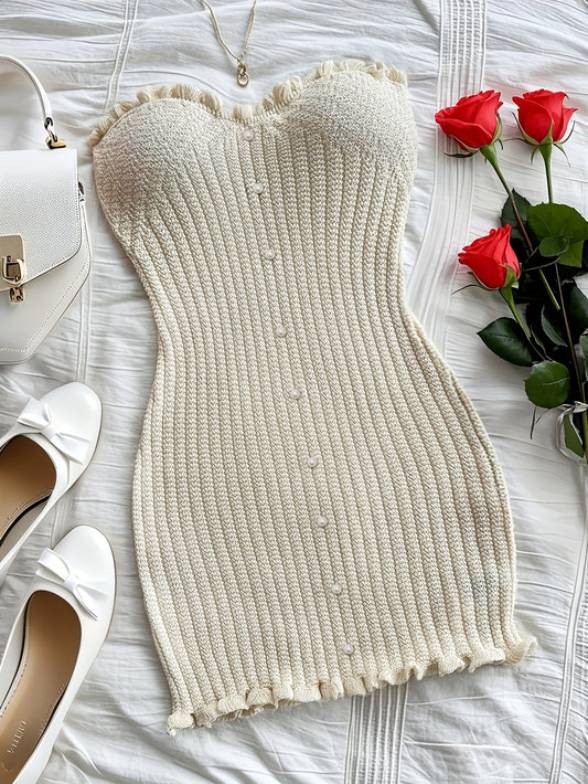 Pearl Trim Strapless Knit Bodycon Dress – Ivory Charm
