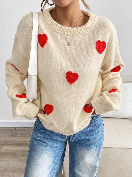 Cream Knit ‘Love Note’ Sweater with Red Hearts