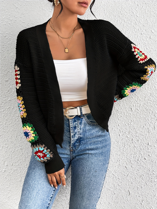 Black Crochet Patchwork Sleeve Cardigan – Retro Boho Knitwear