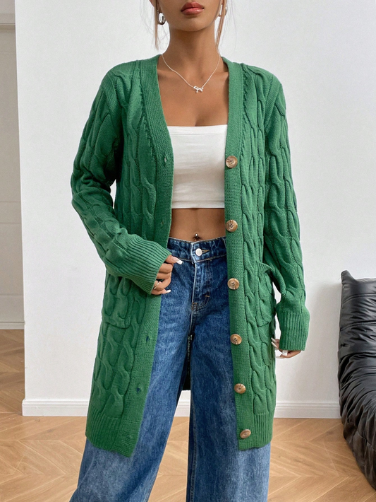 Cable Knit Longline Green Cardigan with Wooden Buttons