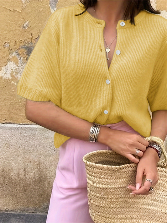 Short-Sleeve Yellow Knit Cardigan – Lightweight Button-Up Sweater