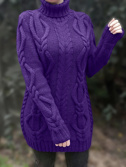 Plum Cozy Cable-Knit Turtleneck Sweater Dress