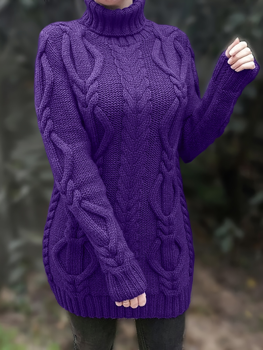 Plum Cozy Cable-Knit Turtleneck Sweater Dress