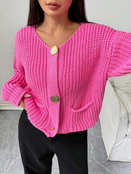 Chunky Knit Hot Pink Cardigan with Statement Gold Buttons