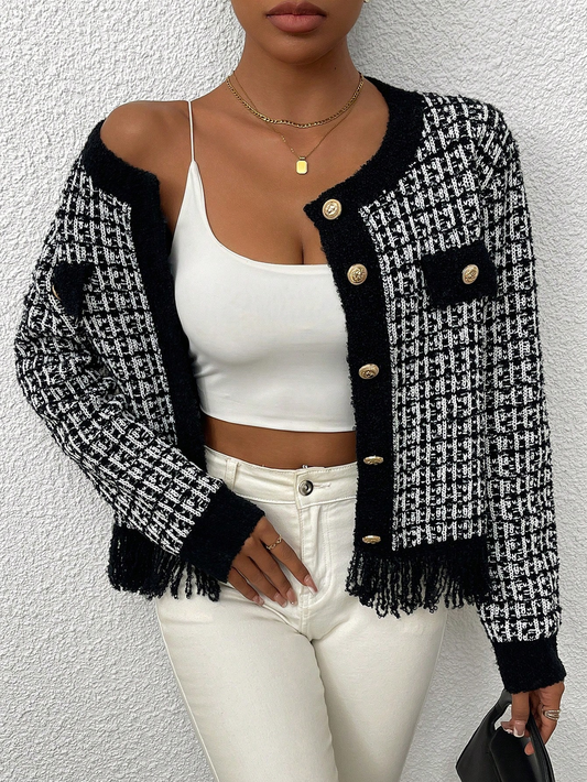 Chic Contrast Tweed Cardigan with Gold Buttons