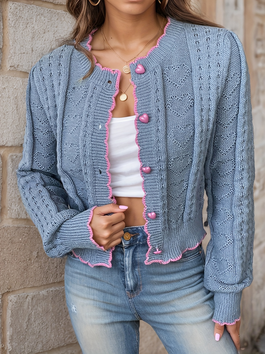 Heart Button Ruffle Knit Cardigan