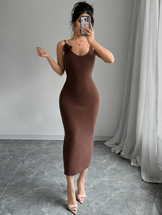 Mocha Bloom Knit Bodycon Midi Dress – Elegant & Effortless