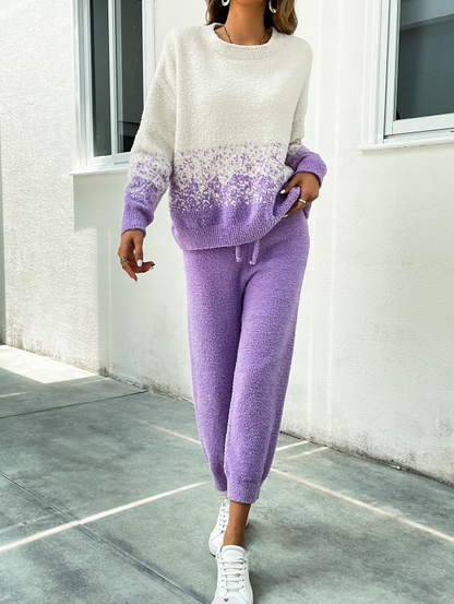 Lavender Fuzzy Knit Loungewear Set – Cozy Gradient Pullover