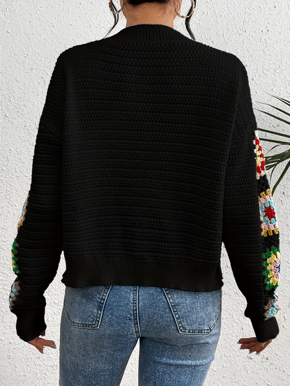 Black Crochet Patchwork Sleeve Cardigan – Retro Boho Knitwear
