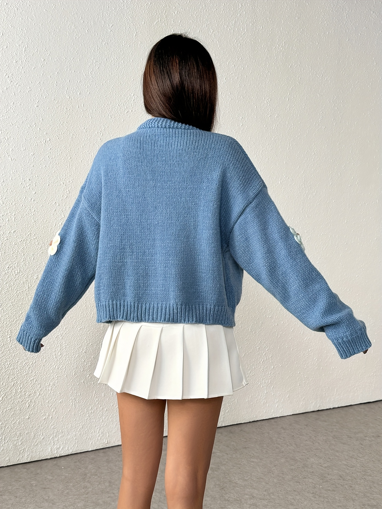 Pastel Floral Embroidered Blue Knit Cardigan – Oversized Kawaii Sweater