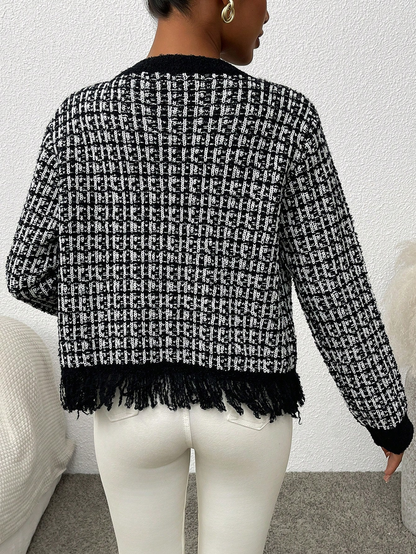 Chic Contrast Tweed Cardigan with Gold Buttons