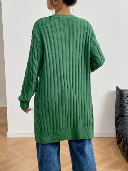 Cable Knit Longline Green Cardigan with Wooden Buttons