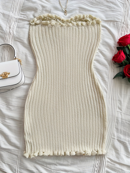 Pearl Trim Strapless Knit Bodycon Dress – Ivory Charm