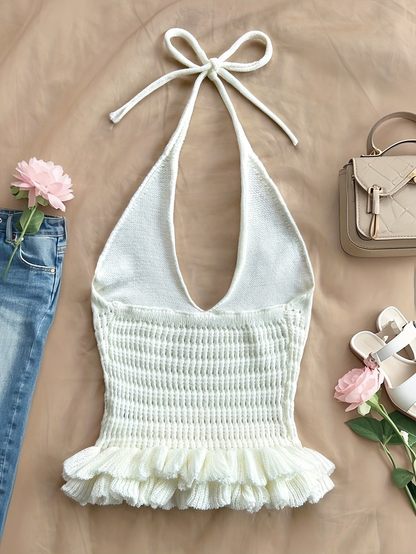 White Knit Halter Crop Top with Ruffle Hem – Romantic Summer Tie-Back Top