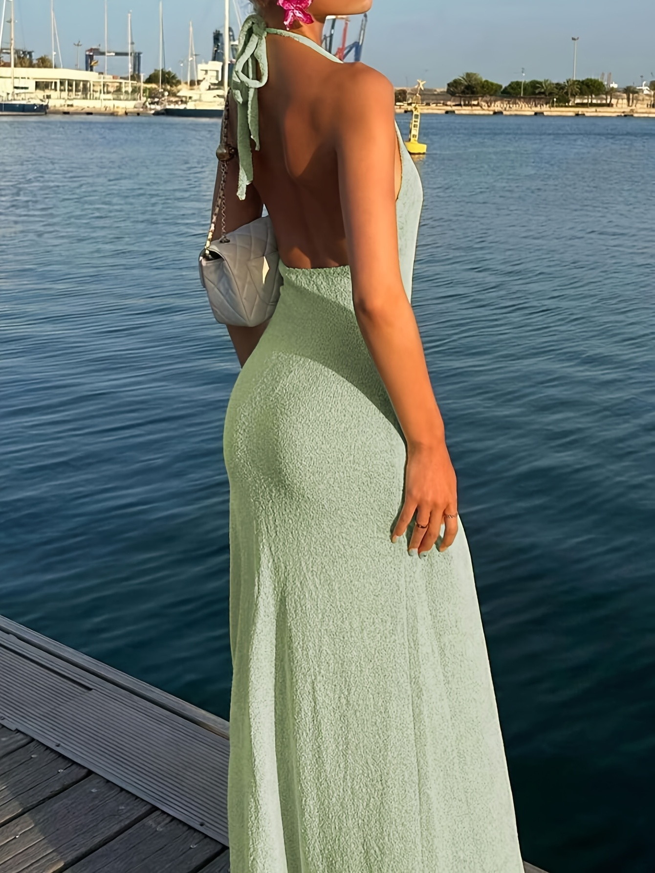 Mint Bloom Halter Maxi Dress – Soft Knit With Rosette Accent