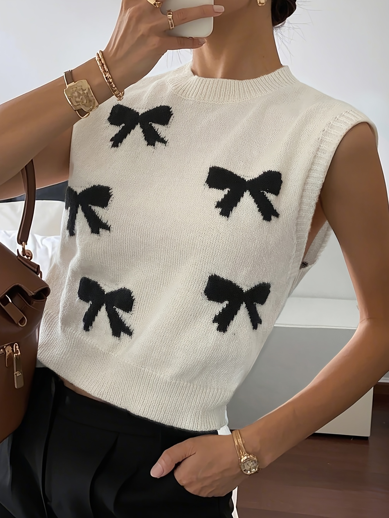 Bow Print Knit Crop Tank