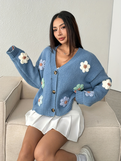 Pastel Floral Embroidered Blue Knit Cardigan – Oversized Kawaii Sweater