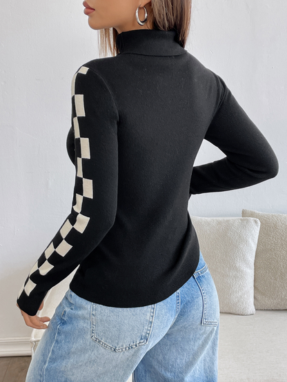 Checkmate Knit – Sleek Black Turtleneck with Side Game