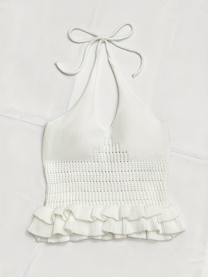 White Knit Halter Crop Top with Ruffle Hem – Romantic Summer Tie-Back Top