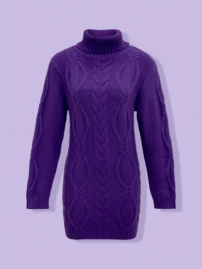 Plum Cozy Cable-Knit Turtleneck Sweater Dress