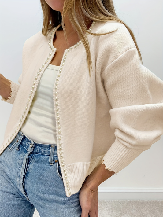 Ivory Pearl Trim Cardigan – Elegant Knit Sweater Jacket