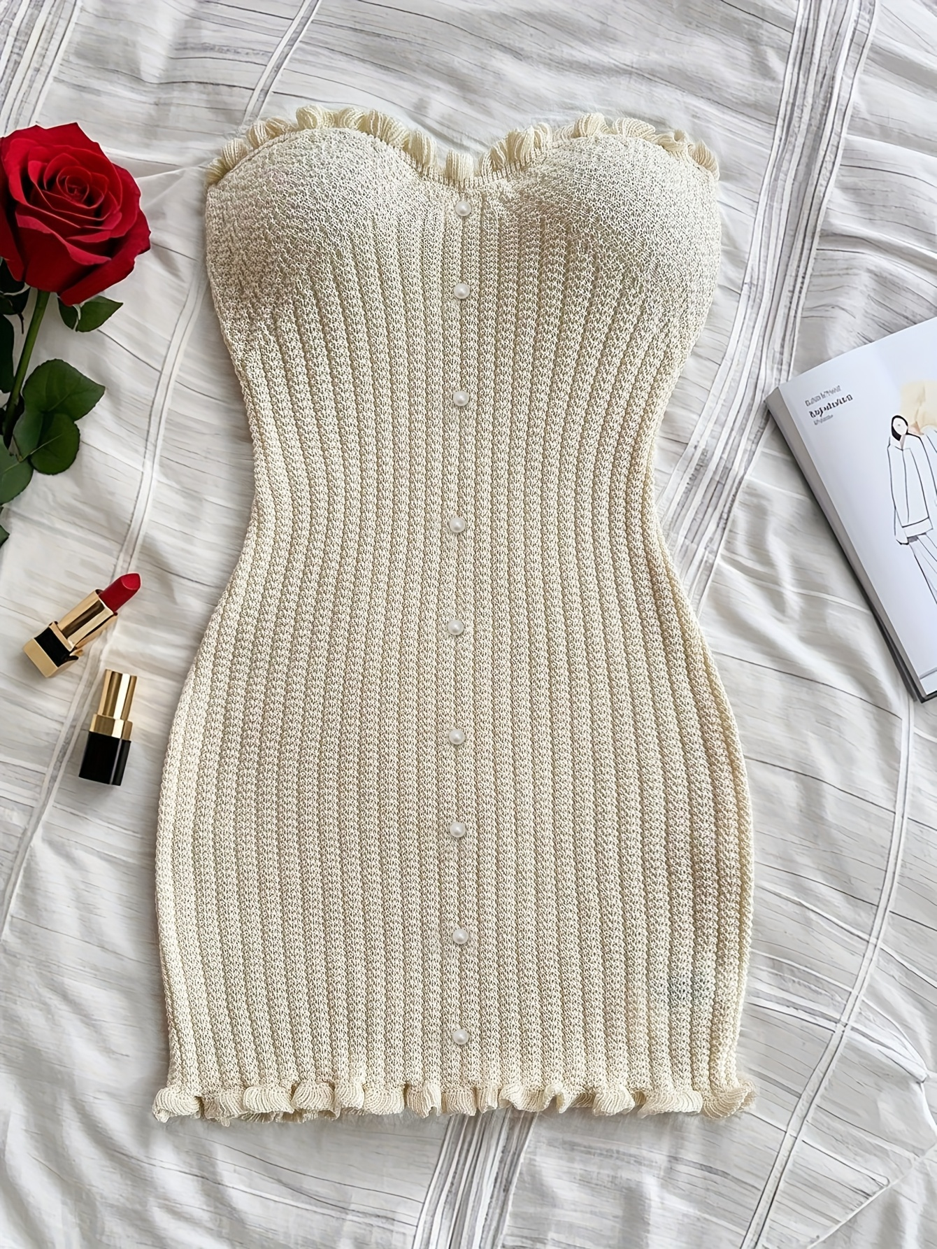 Pearl Trim Strapless Knit Bodycon Dress – Ivory Charm